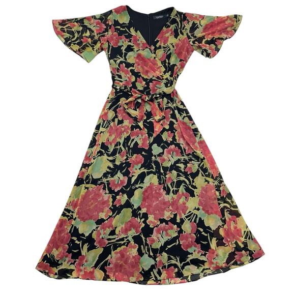 Lauren Ralph Lauren size 0 Floral Print Georgette A-Line Sleeve Midi Dress - Picture 2 of 11
